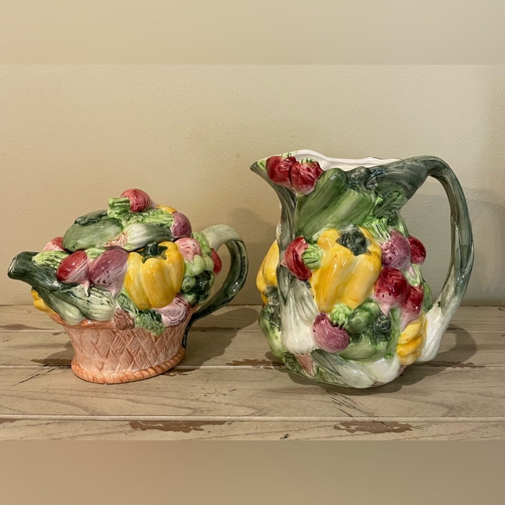 Vintage World Bazaar Majolica Pitcher & Teapot Ceramic Garden Vegetables